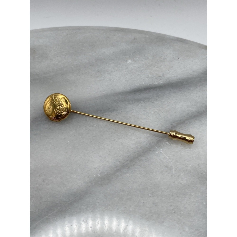 Vintage Gold Tone Floral Etched Locket Stick Pin 2.5" Victorian Revival 60s